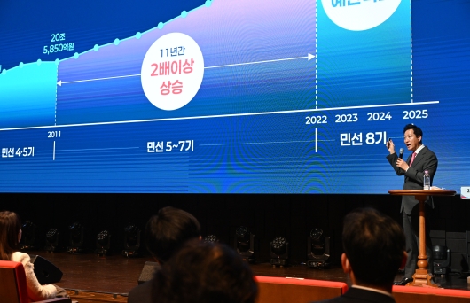 사진2. 4일(화) 열린 _2025년 중구 신년인사회_에 참석한 오세훈 서울시장이 시정운영방향에 대해 설명하고 있다.