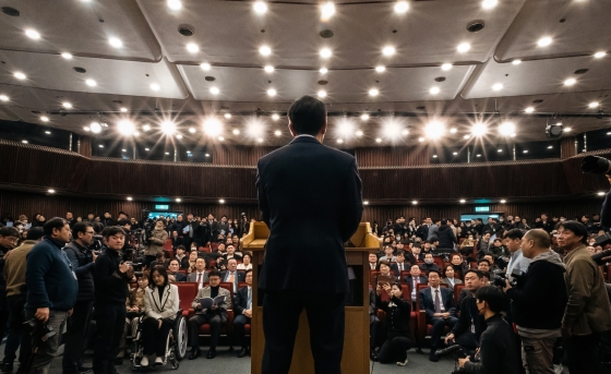 사진2. 오세훈 서울시장이 12일(수) 국회도서관 대강당에서 열린 '87체제 극복을 위한 지방분권 개헌 토론회'에서 개회사하고 있다.